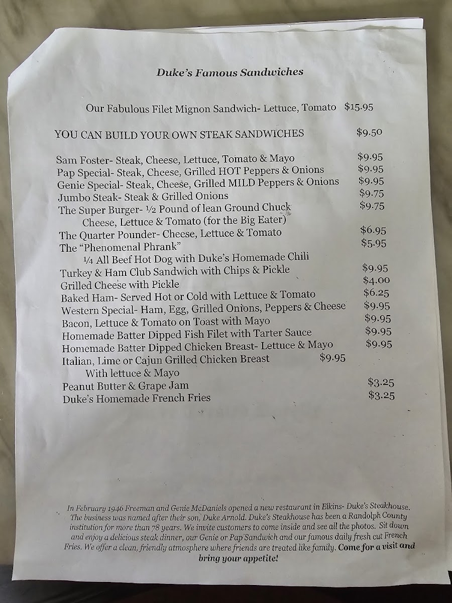 Duke's Steakhouse Photo Menu 1