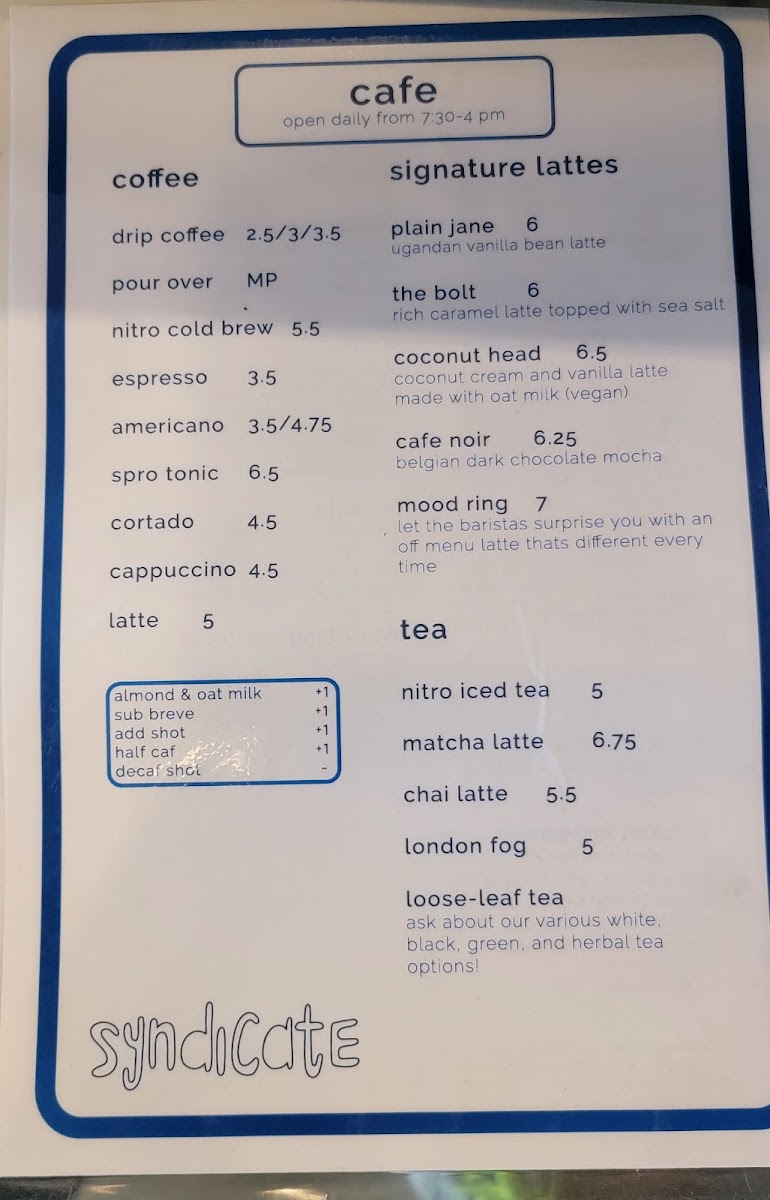 Syndicate Coffee + Bakery + Kitchen Photo Menu 2