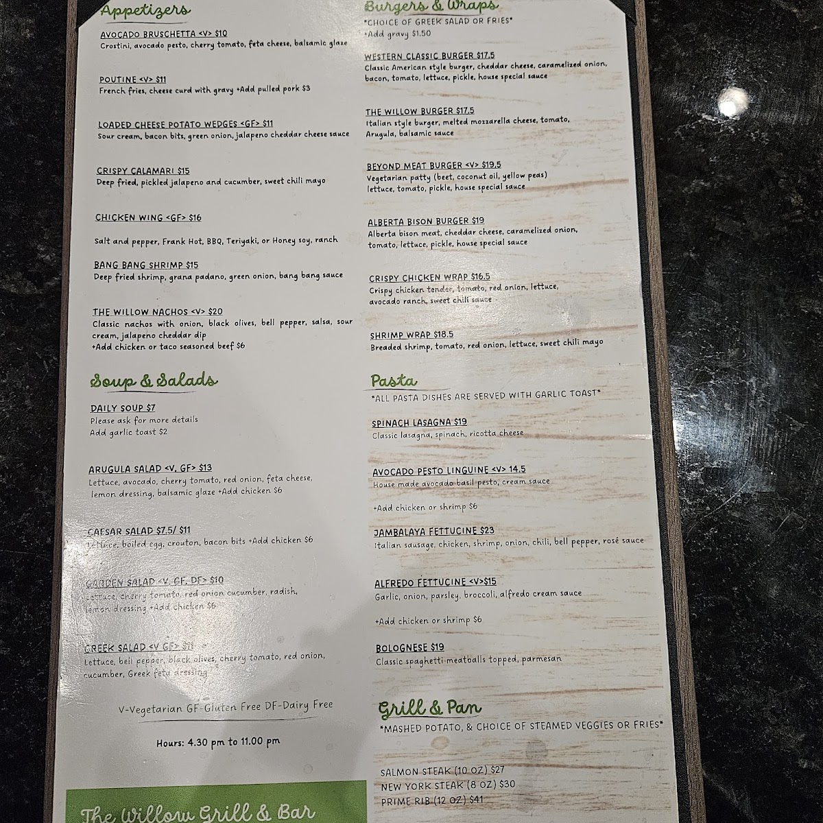 The Willow Grill & Bar Photo Menu 1