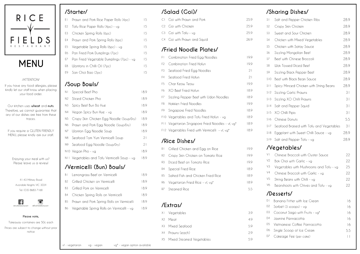 Rice Fields Restaurant Photo Menu 1