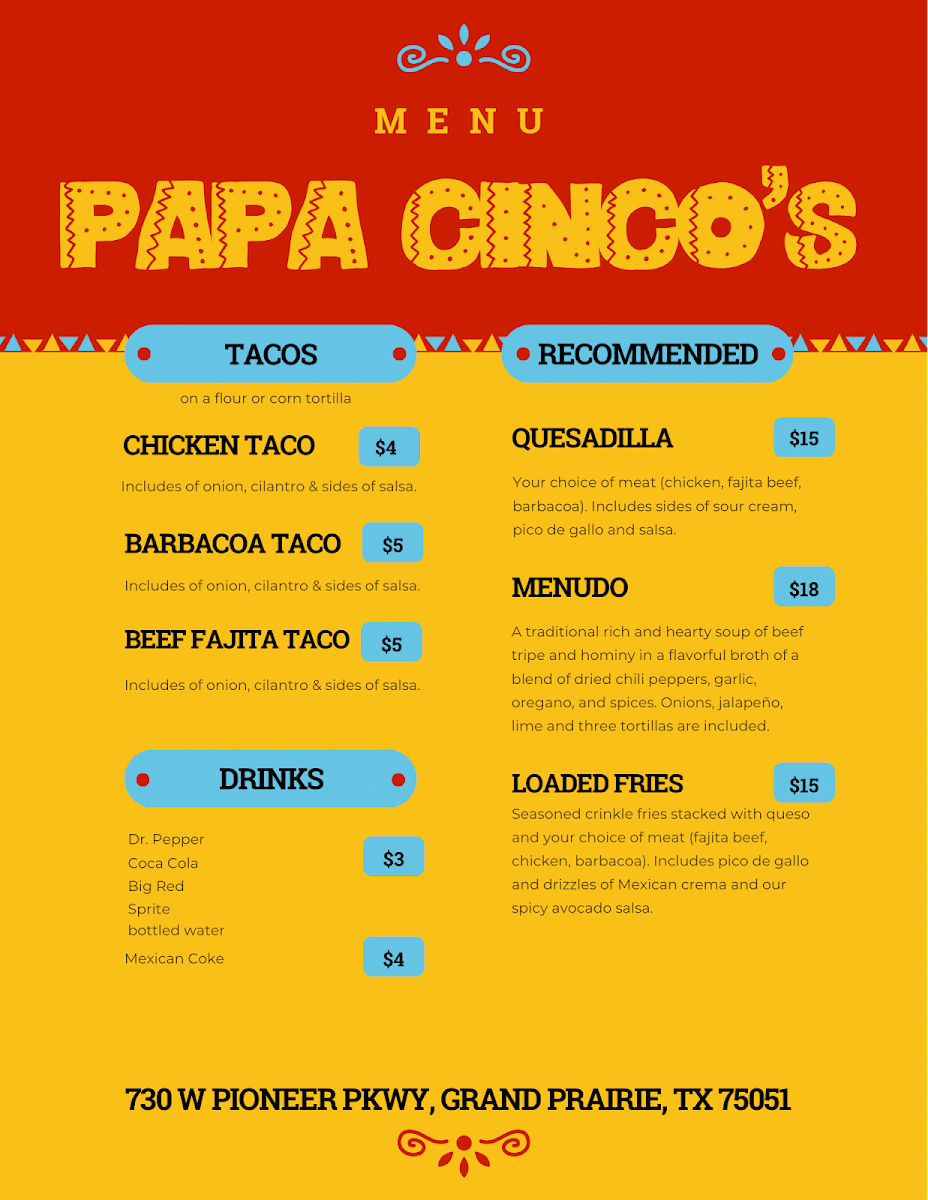 Papa Cinco's Photo Menu 1