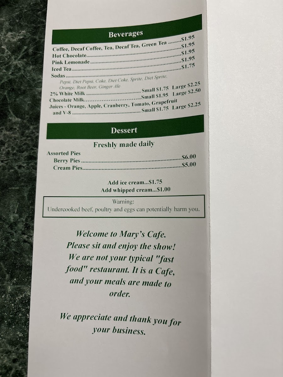 Mary's Cafe Photo Menu 1