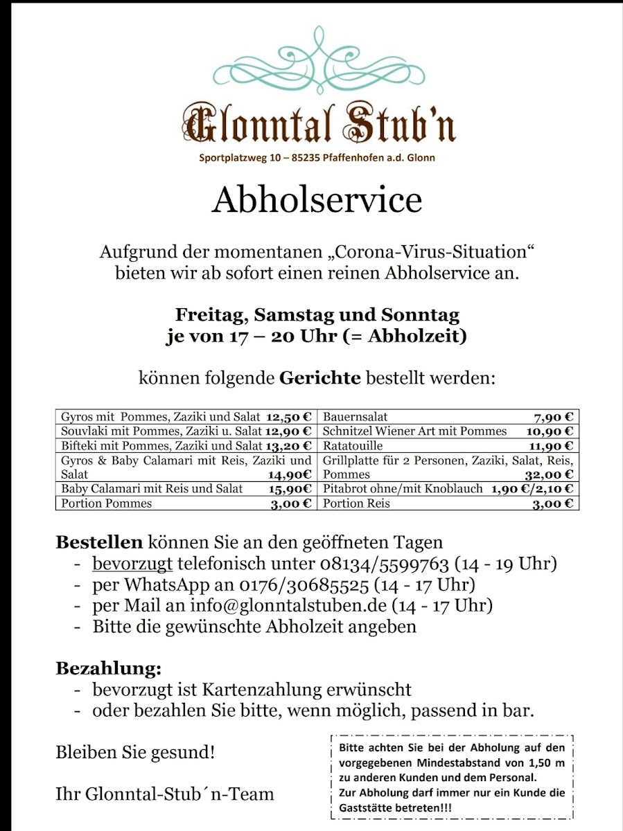 Restaurant Glonntal Stub‘n Photo Menu 1