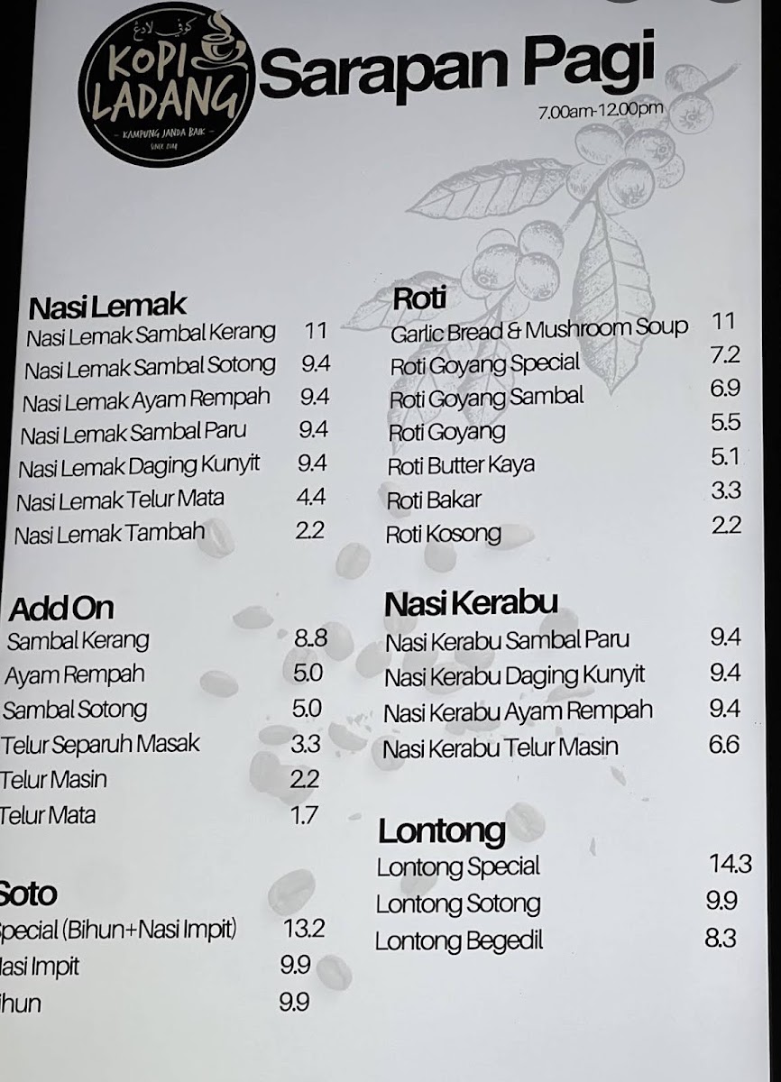 Kopi Ladang Restaurant Photo Menu 1