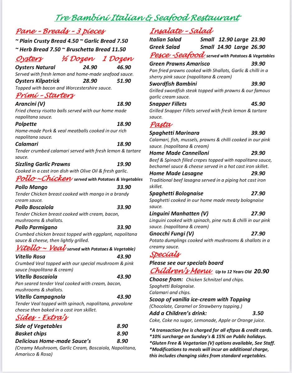 Tre Bambini Italian & Seafood Restaurant Photo Menu 1