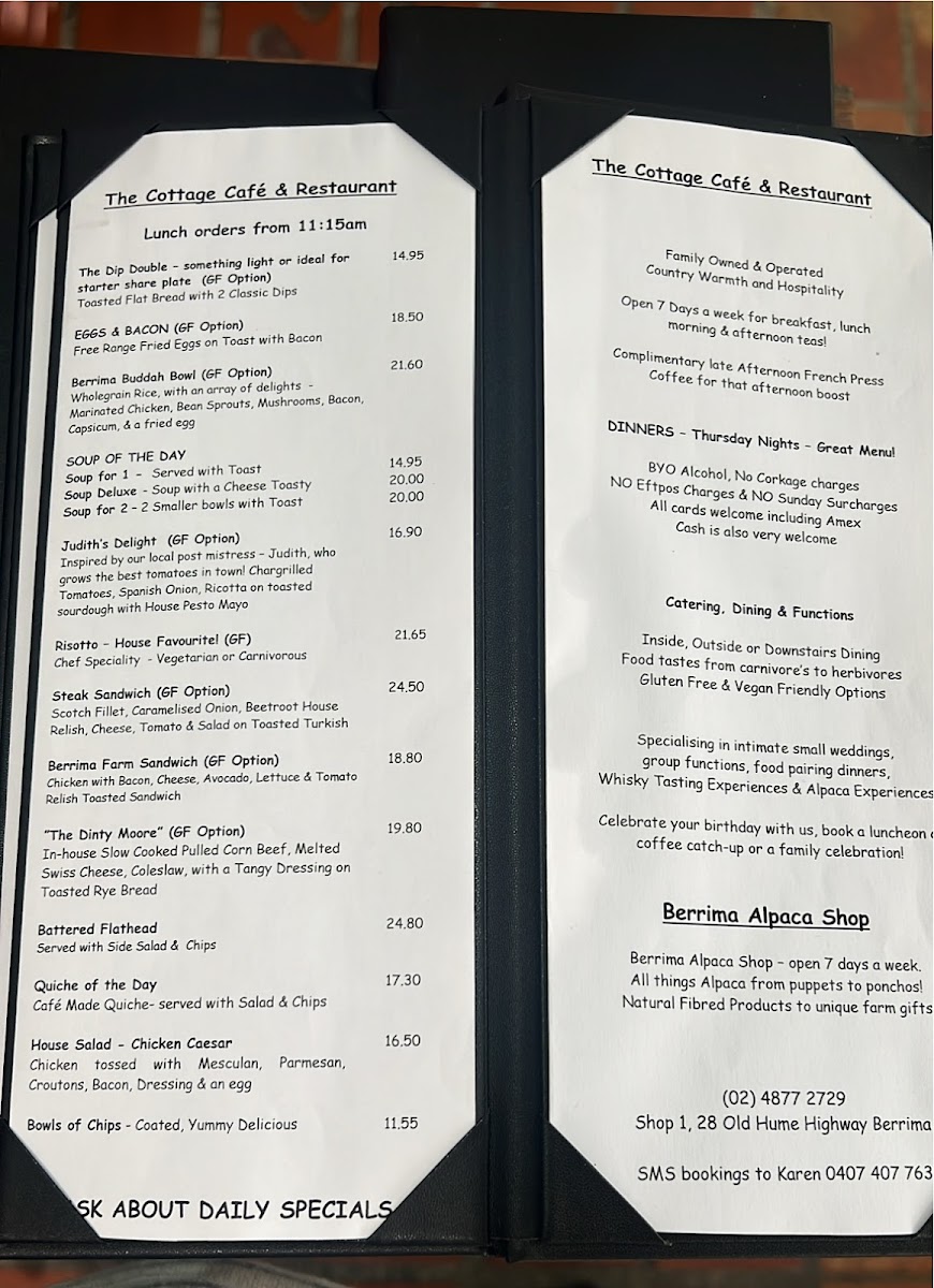 Cottage Cafe & Restaurant, Berrima Photo Menu 1