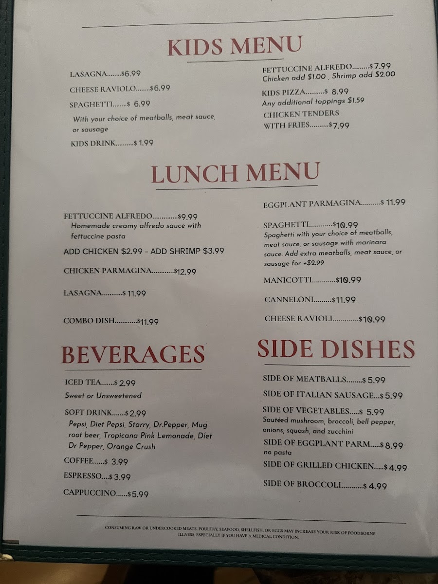 Roma’s Italian Restaurant Photo Menu 1