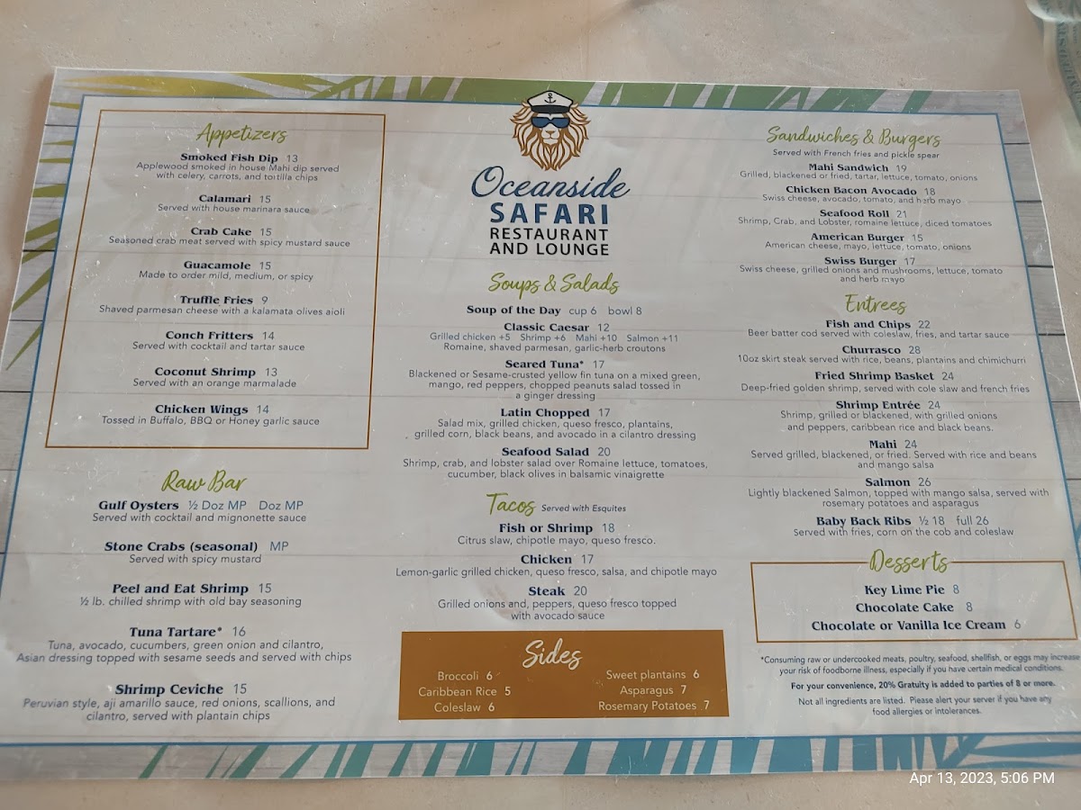 Oceanside Safari Restaurant & Lounge Photo Menu 1