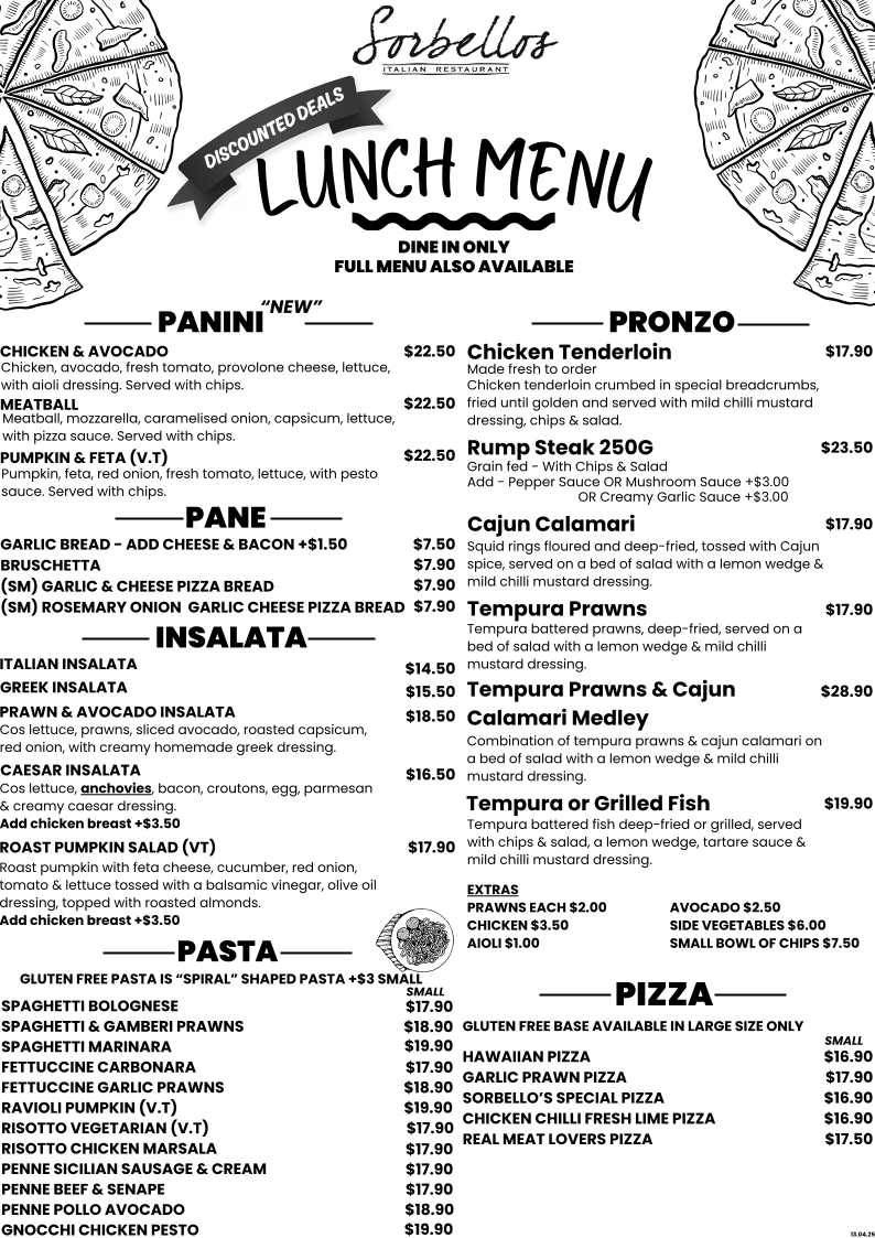 Sorbellos Italian Restaurant Photo Menu 1