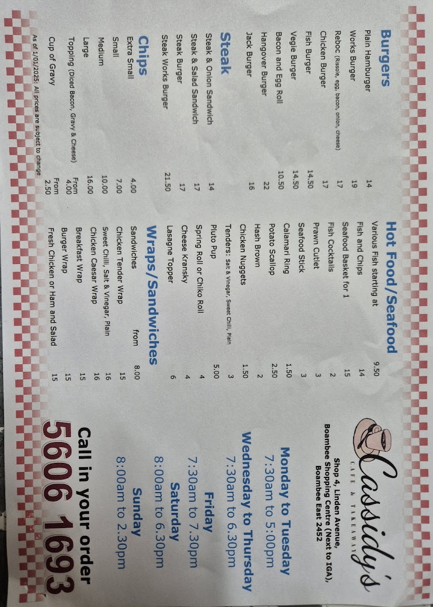 Cassidy's Cafe and Takeaway Photo Menu 1