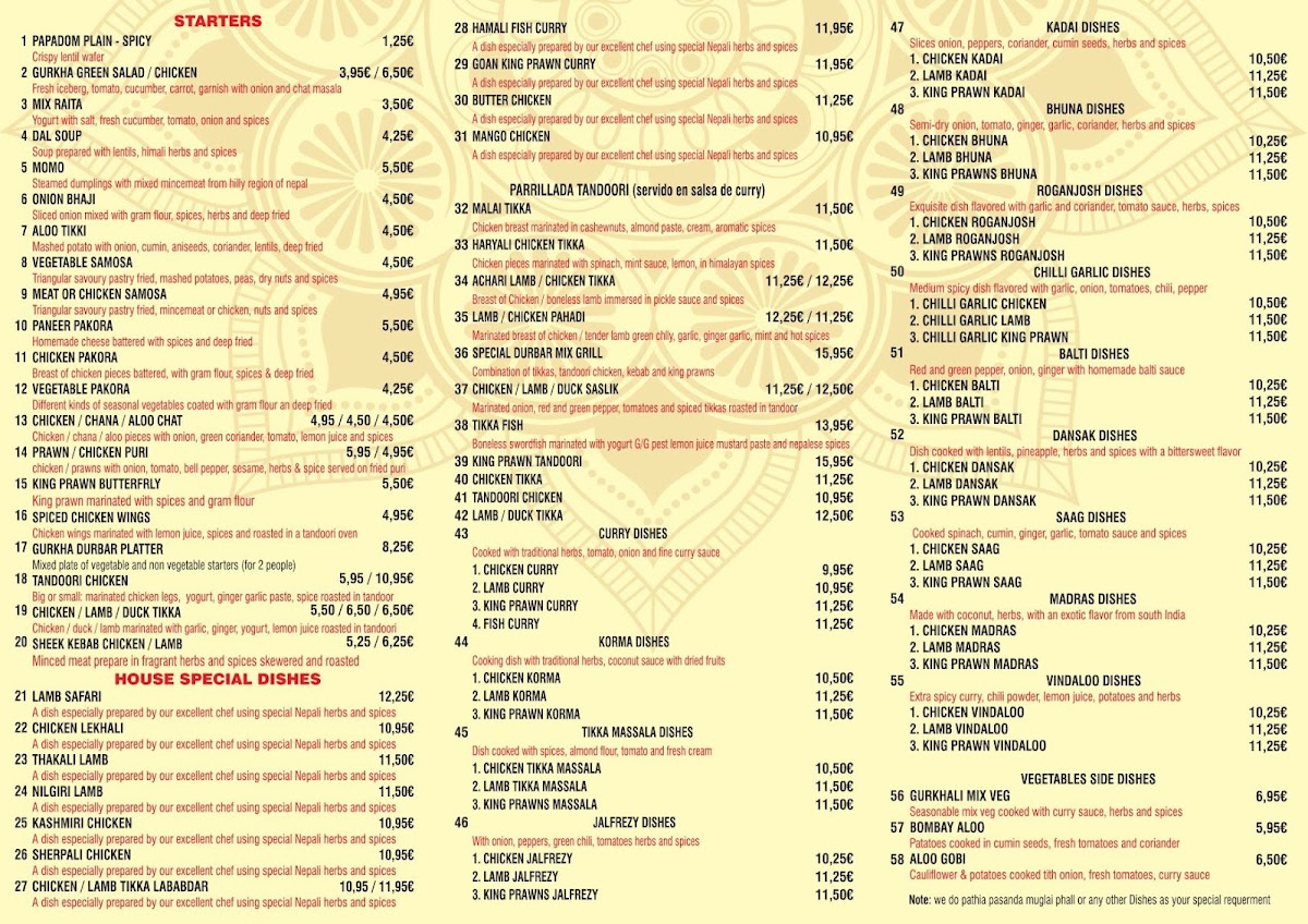 GURKHA DURBAR NEPALESE RESTAURANT Photo Menu 7