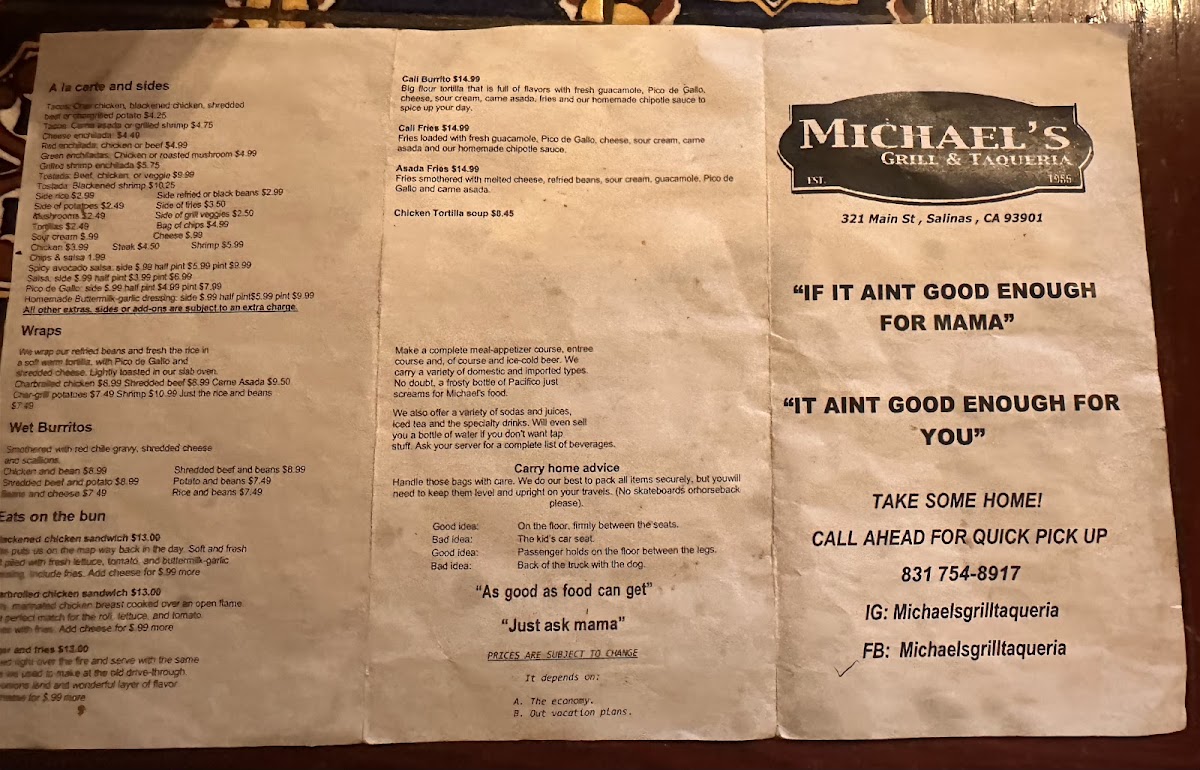 Michael's Grill & Taqueria Photo Menu 2