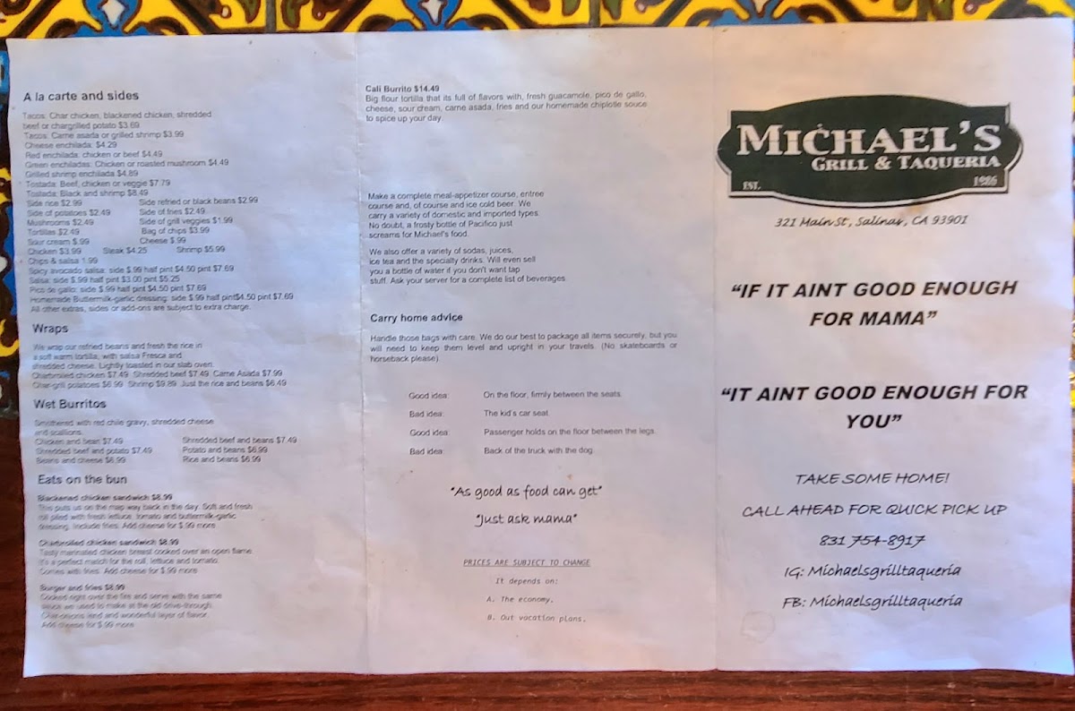 Michael's Grill & Taqueria Photo Menu 3