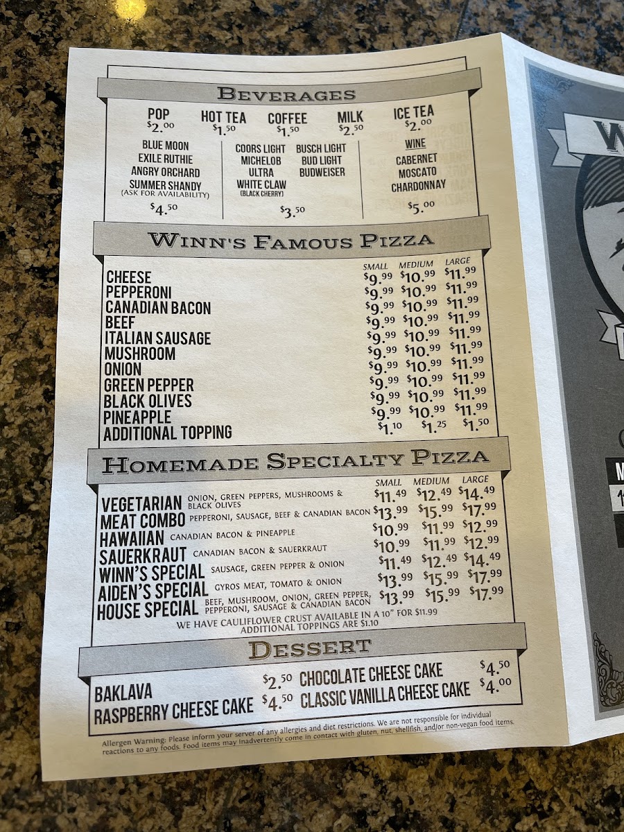 Winn's Pizza and Steakhouse Norwalk Photo Menu 1
