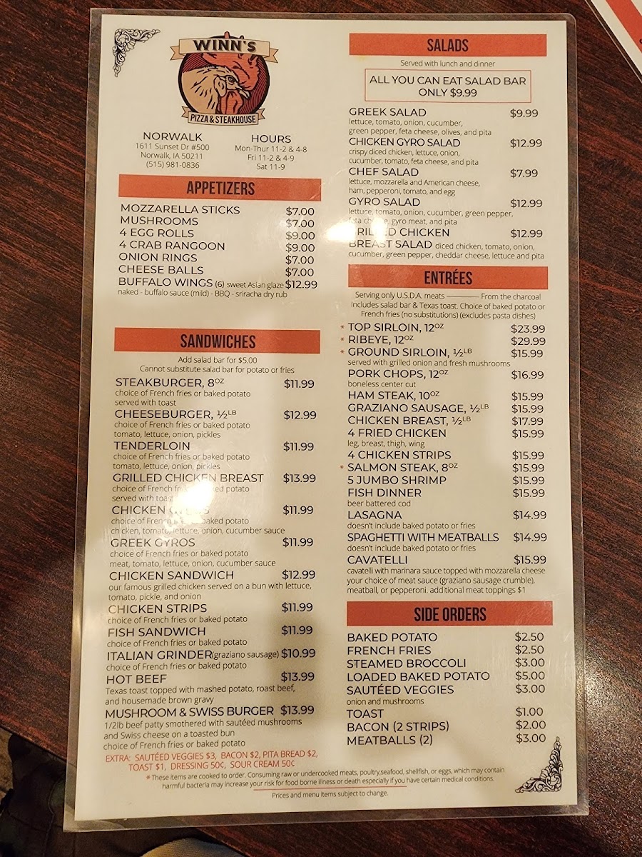 Winn's Pizza and Steakhouse Norwalk Photo Menu 2