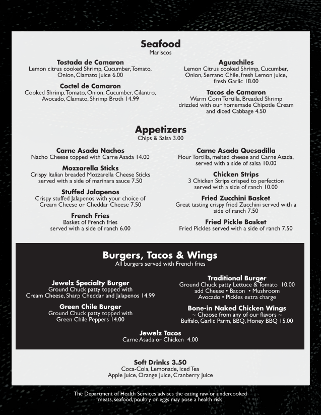 JEWELZ BAR & GRILL Photo Menu 3