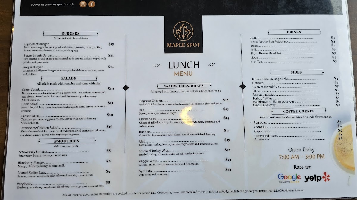 Maple Spot brunch Photo Menu 1