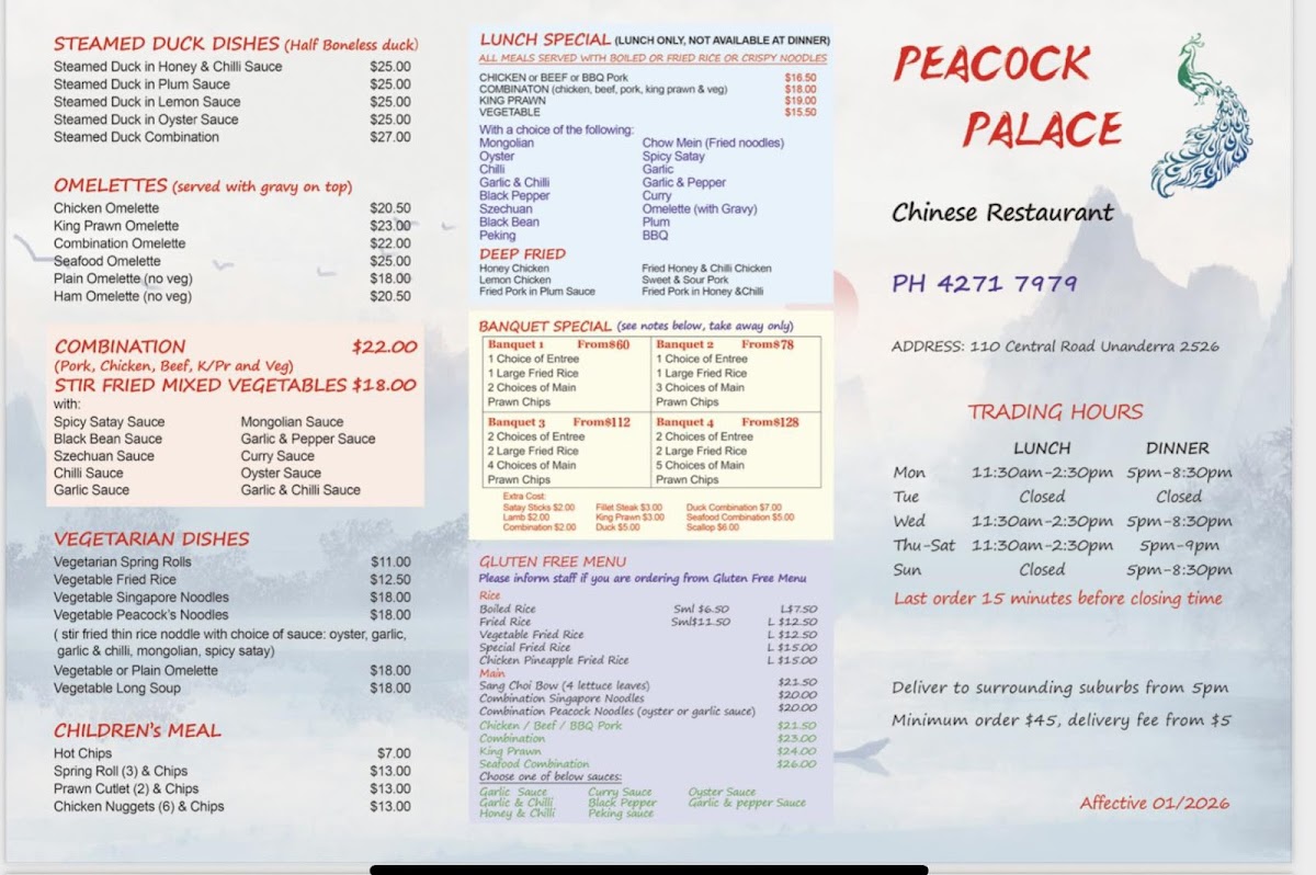 Unanderra Peacock Palace Photo Menu 1
