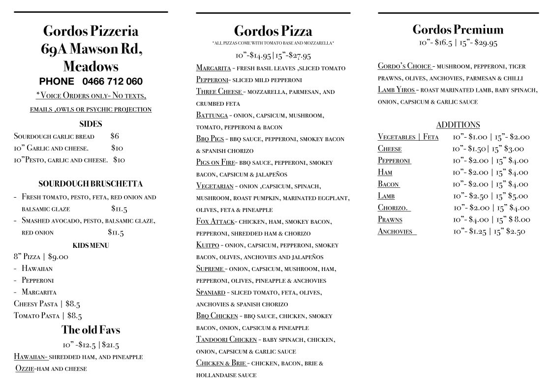 Gordo's Cafe & Pizzeria Photo Menu 1