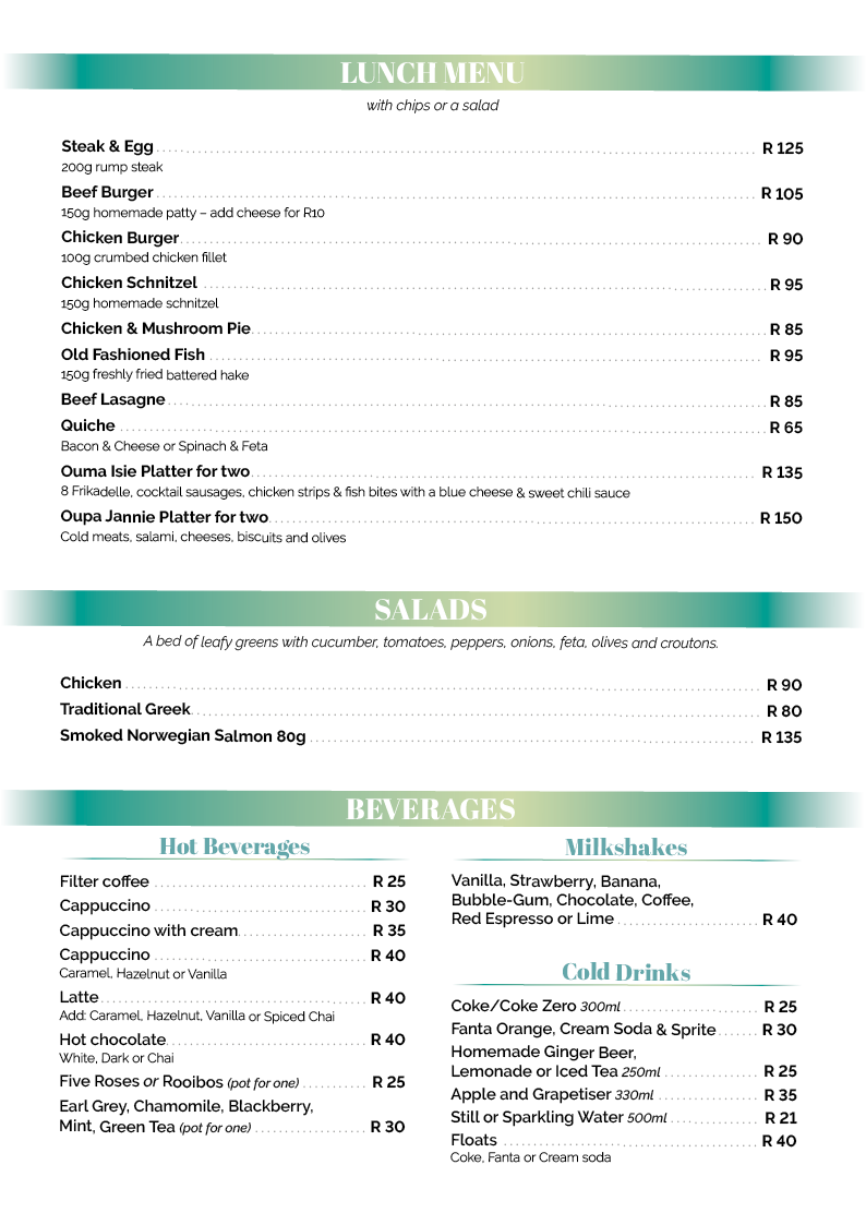 Ouma Isie's Tea Garden and Restaurant Photo Menu 8