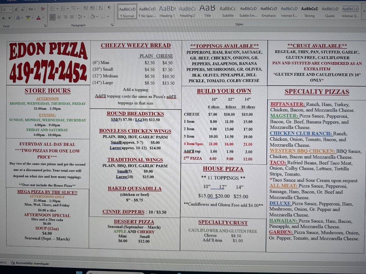 Edon Pizza Photo Menu 1