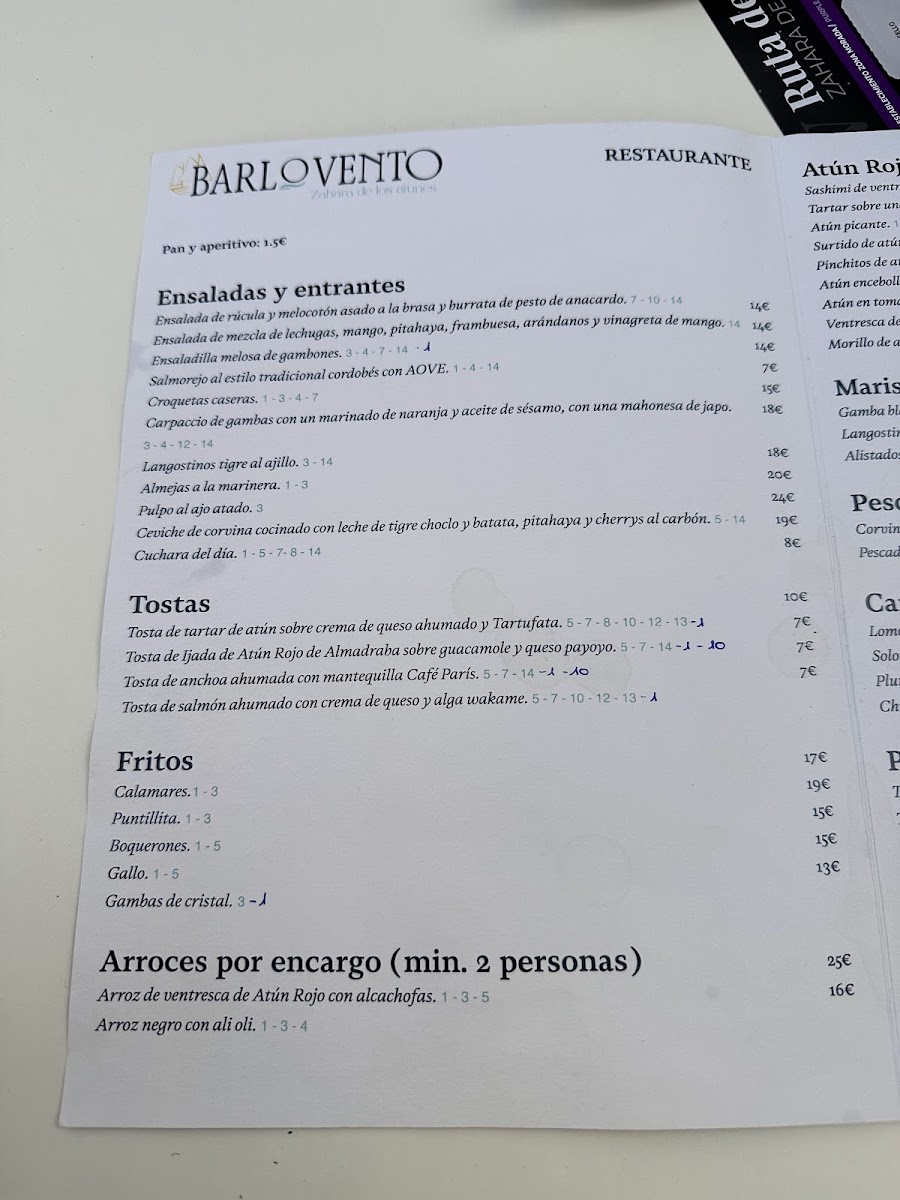 Restaurante Barlovento Zahara de los Atunes Photo Menu 2