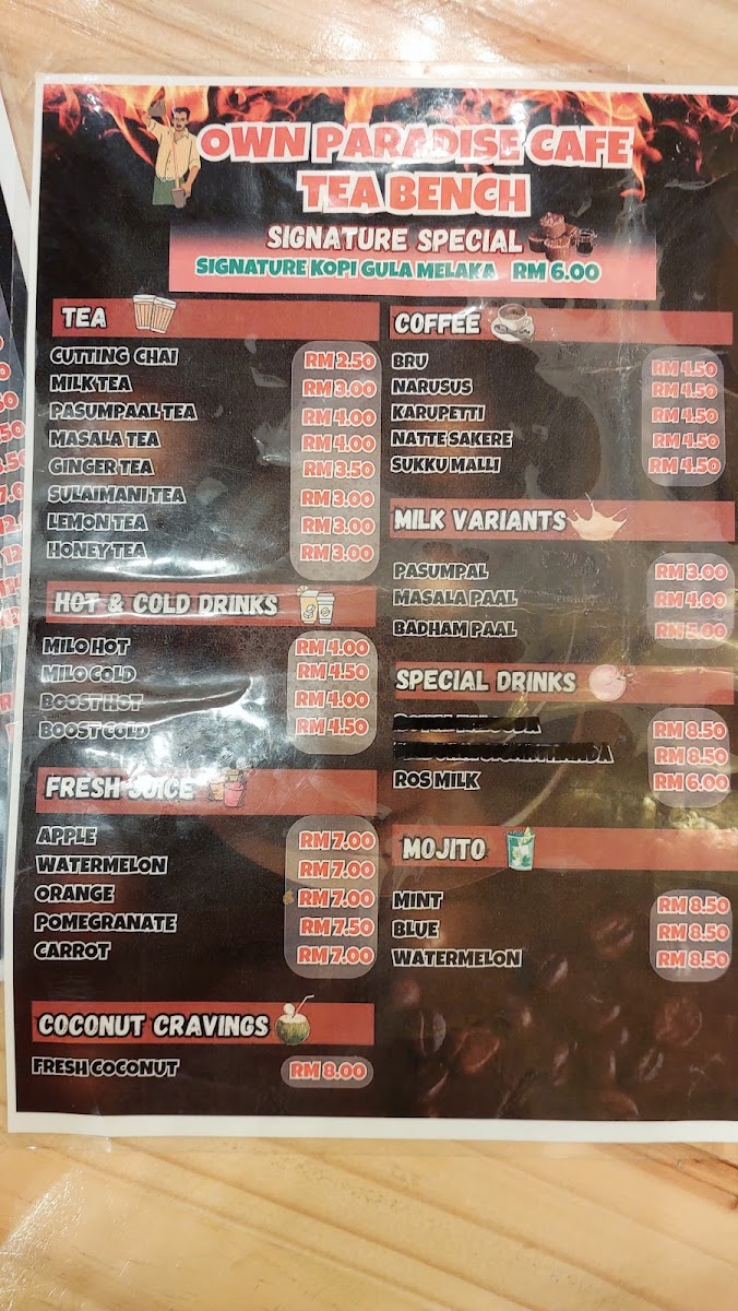 Own Paradise Cafe Tea Bench Photo Menu 3