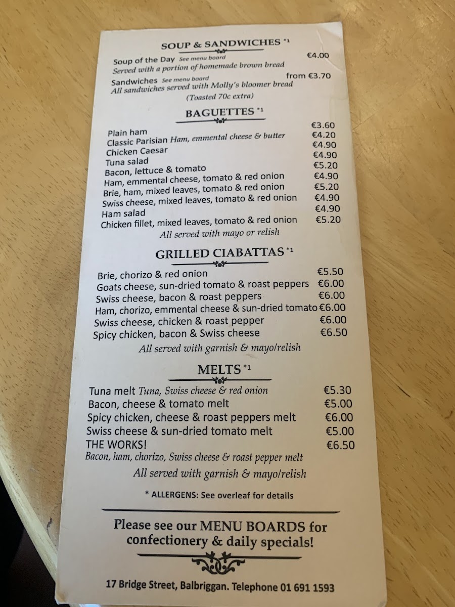 Molly's Coffee Gallery Photo Menu 1