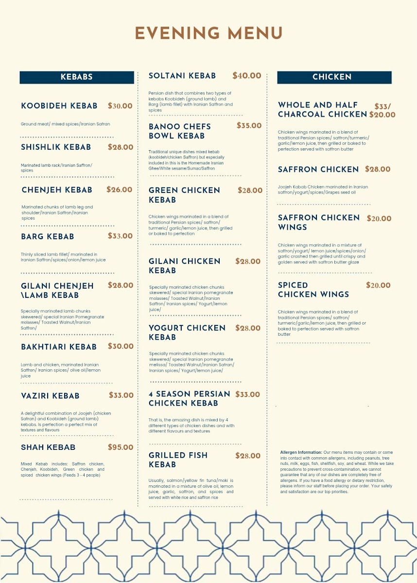 Banoo Persian Restaurant & Takeaway Photo Menu 1