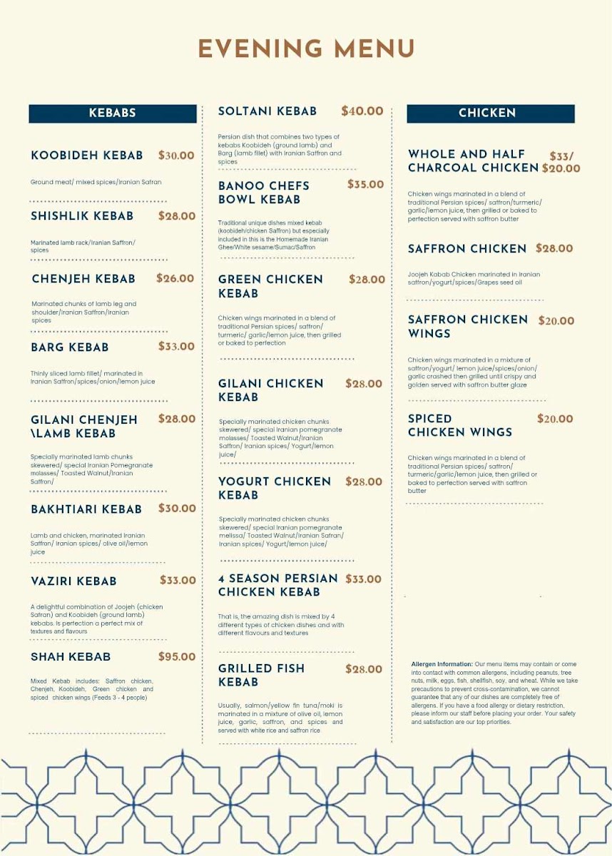 Banoo Persian Restaurant & Takeaway Photo Menu 2