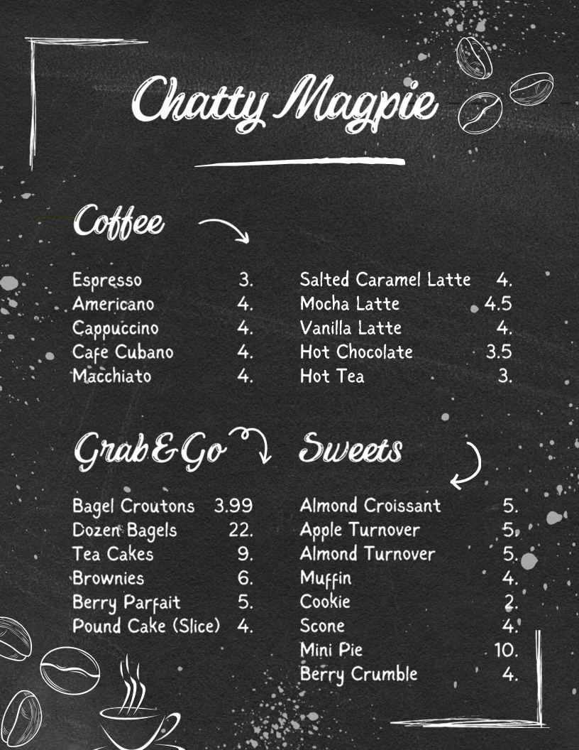 Chatty Magpie Cafe Photo Menu 1