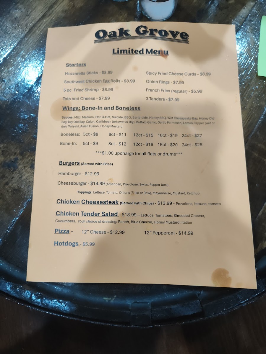 Oak Grove Tavern Photo Menu 1