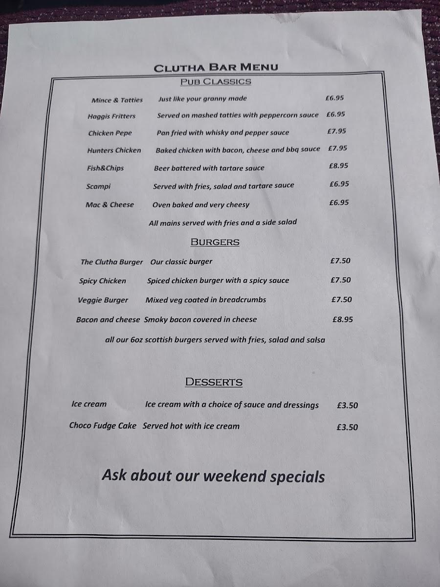 Clutha & Victoria Bar Photo Menu 1