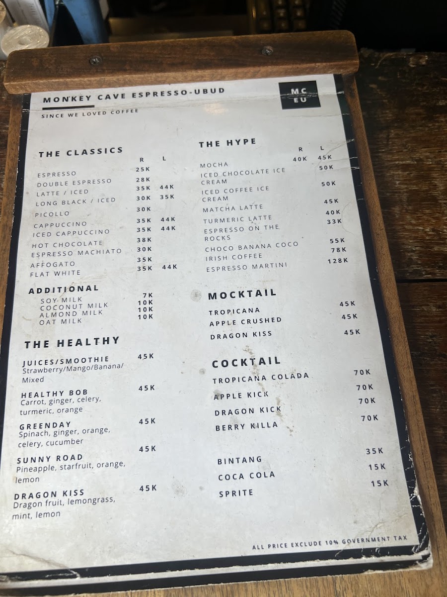 Monkey Cave Espresso Ubud Photo Menu 1