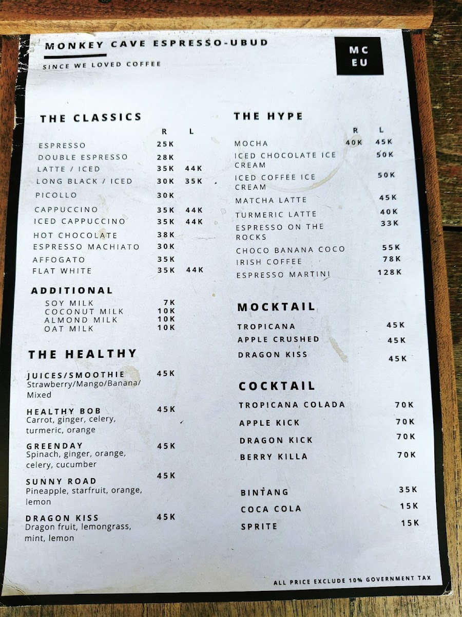 Monkey Cave Espresso Ubud Photo Menu 2