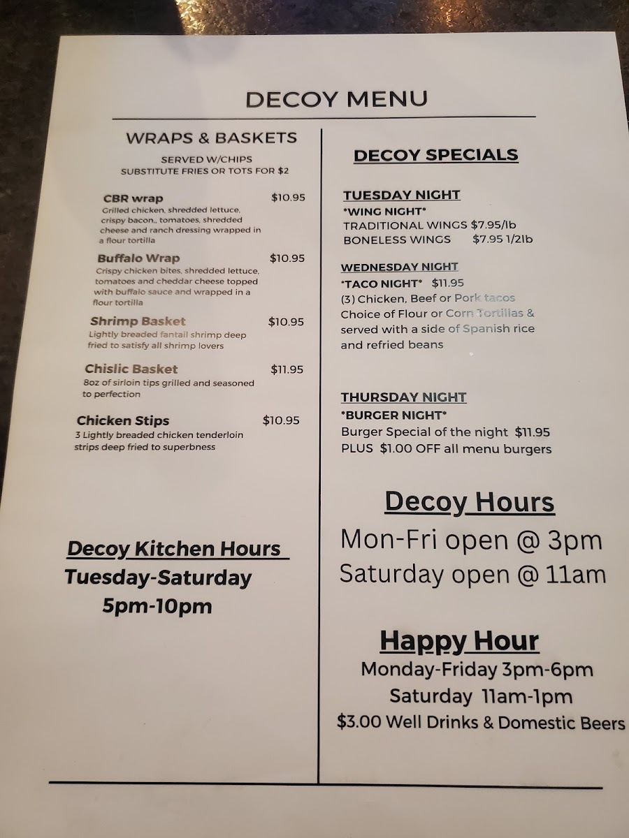 The Decoy Bar Photo Menu 2