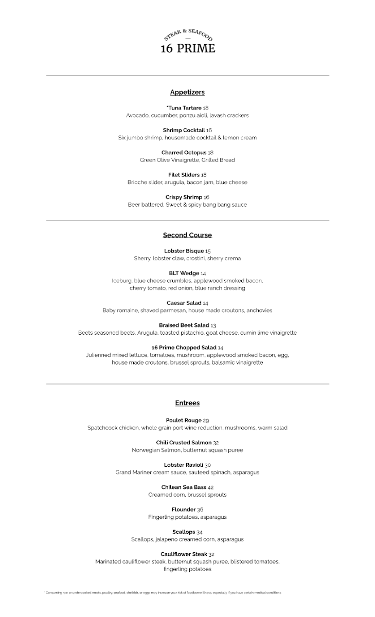 16 Prime Steak & Seafood Photo Menu 1