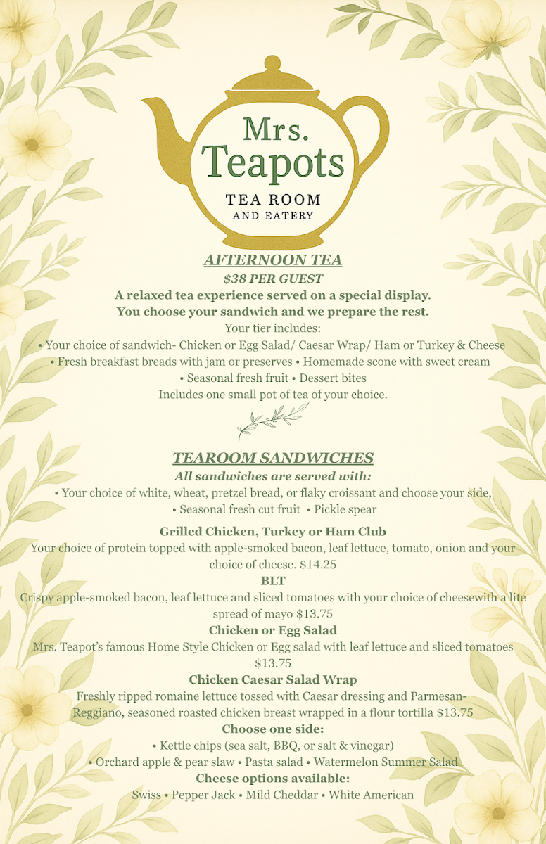 Mrs. Teapots Tearoom and Eatery Photo Menu 1