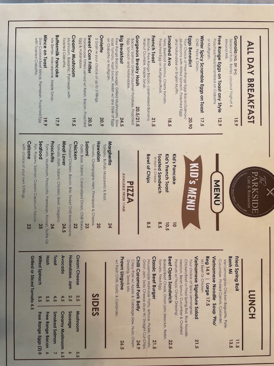 The Parkside Cafe & Restaurant Photo Menu 1