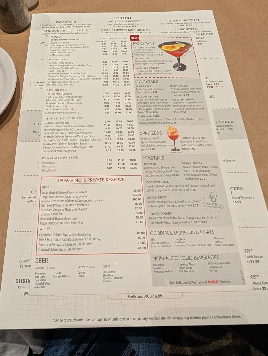 Papa Vino's Italian Kitchen Photo Menu 1