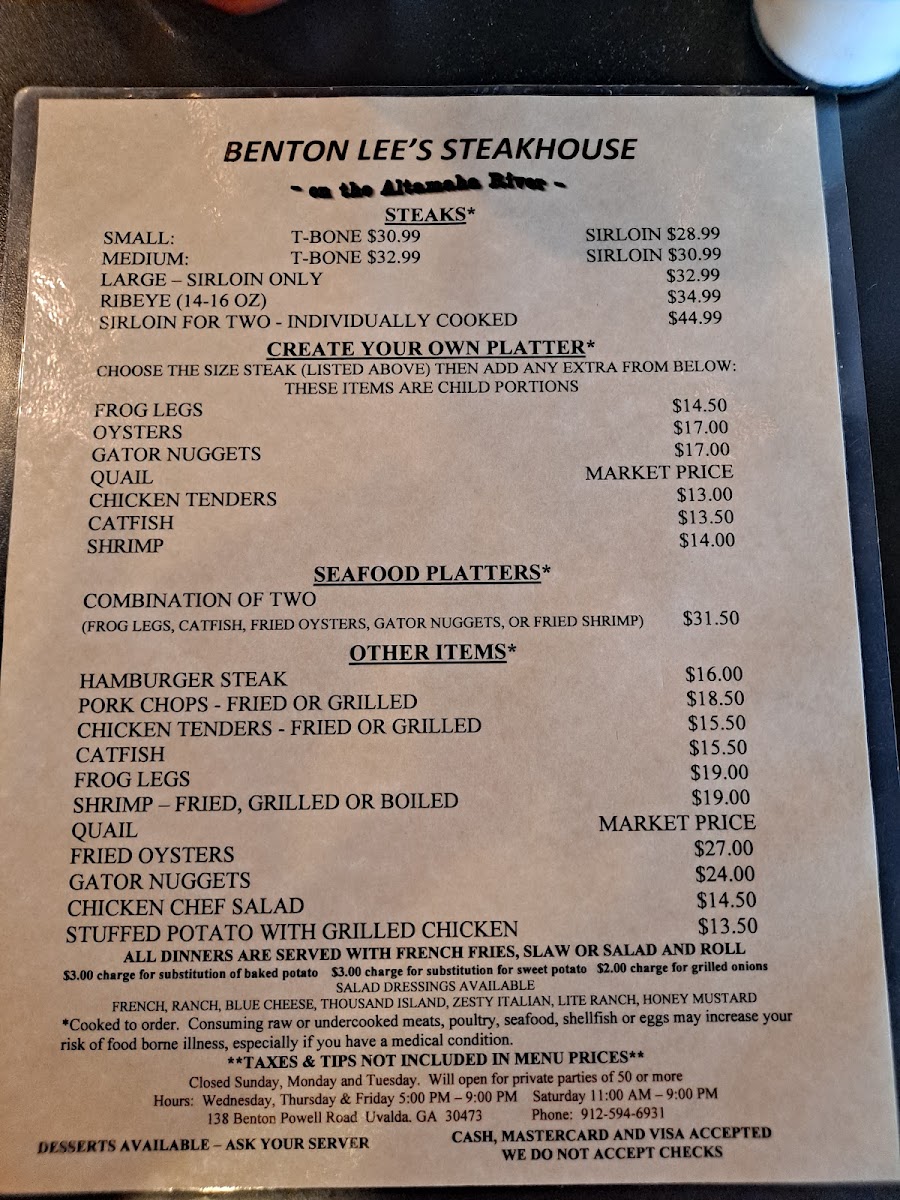 Benton Lee's Steak House Photo Menu 1