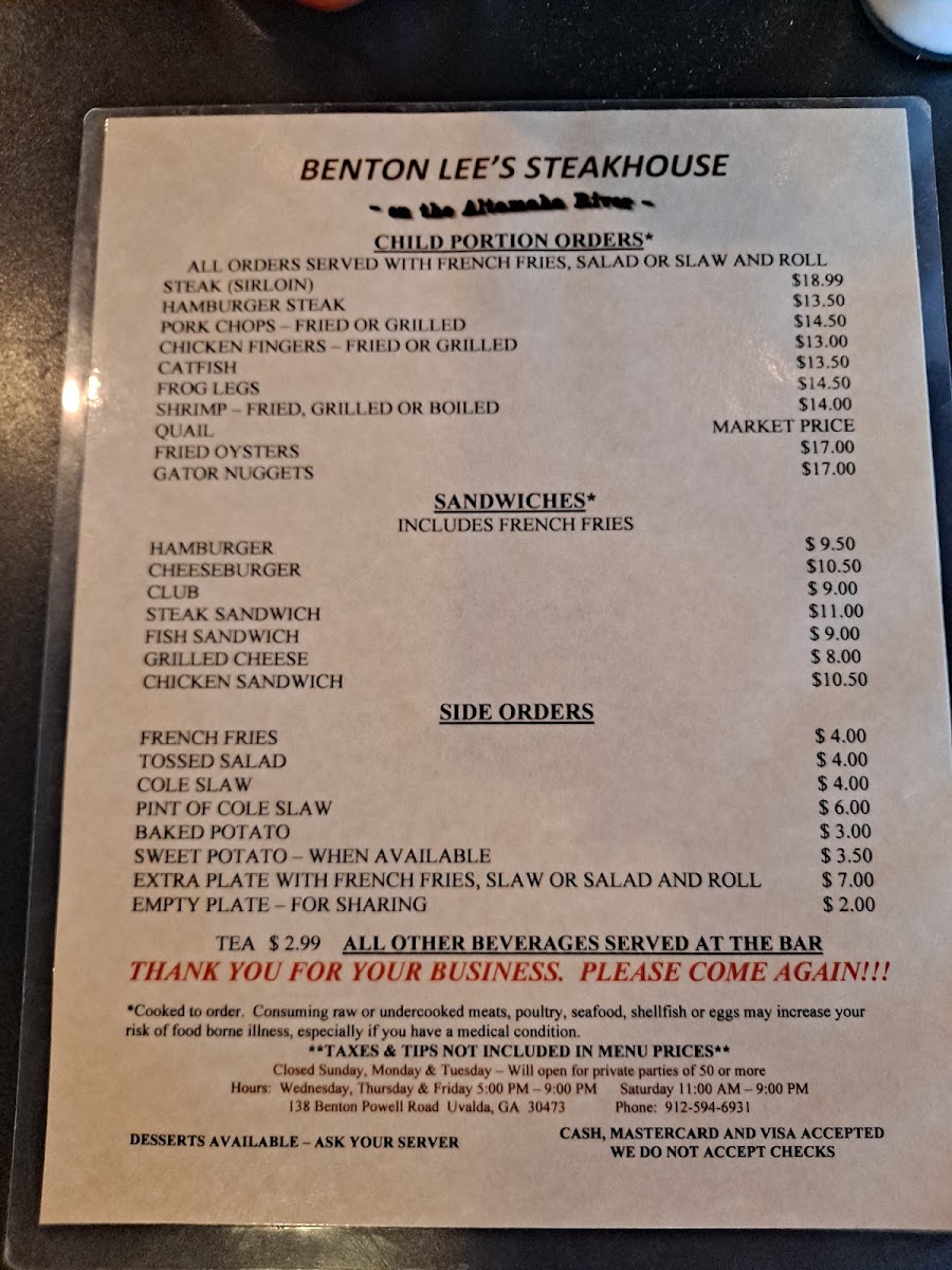 Benton Lee's Steak House Photo Menu 2