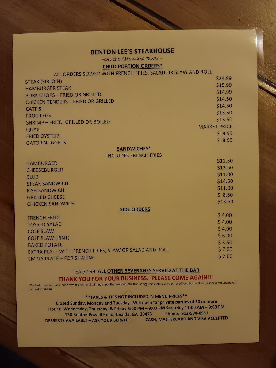 Benton Lee's Steak House Photo Menu 4