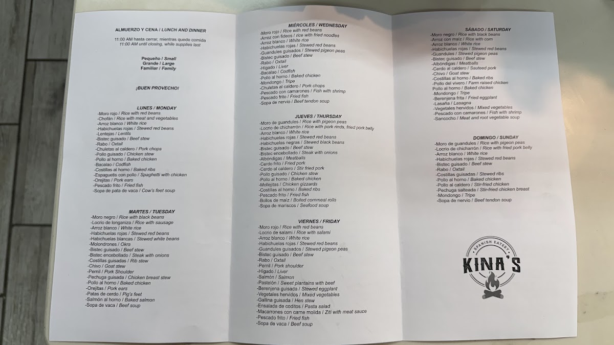 Kina's Spanish Restaurant Photo Menu 1