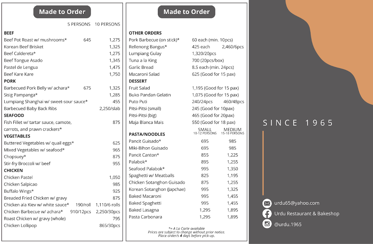 Urdu Restaurant & Bakeshop (Main store) Photo Menu 1