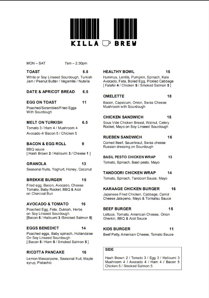 KillaBrew coffee Photo Menu 1