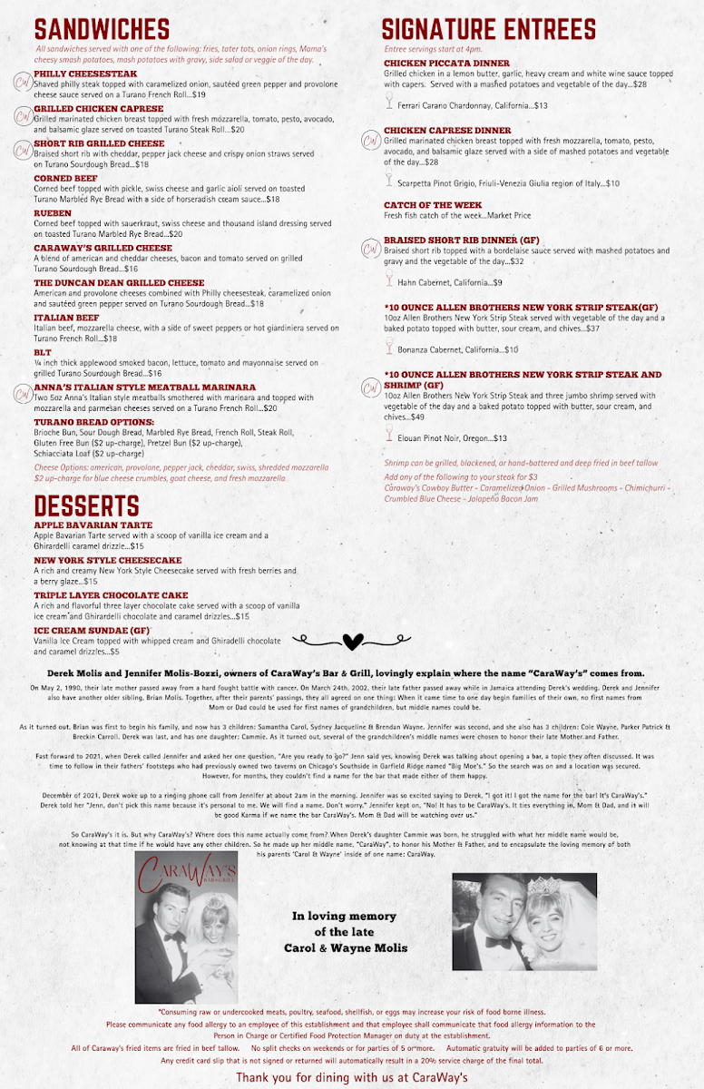CaraWay's Bar & Grill Photo Menu 1
