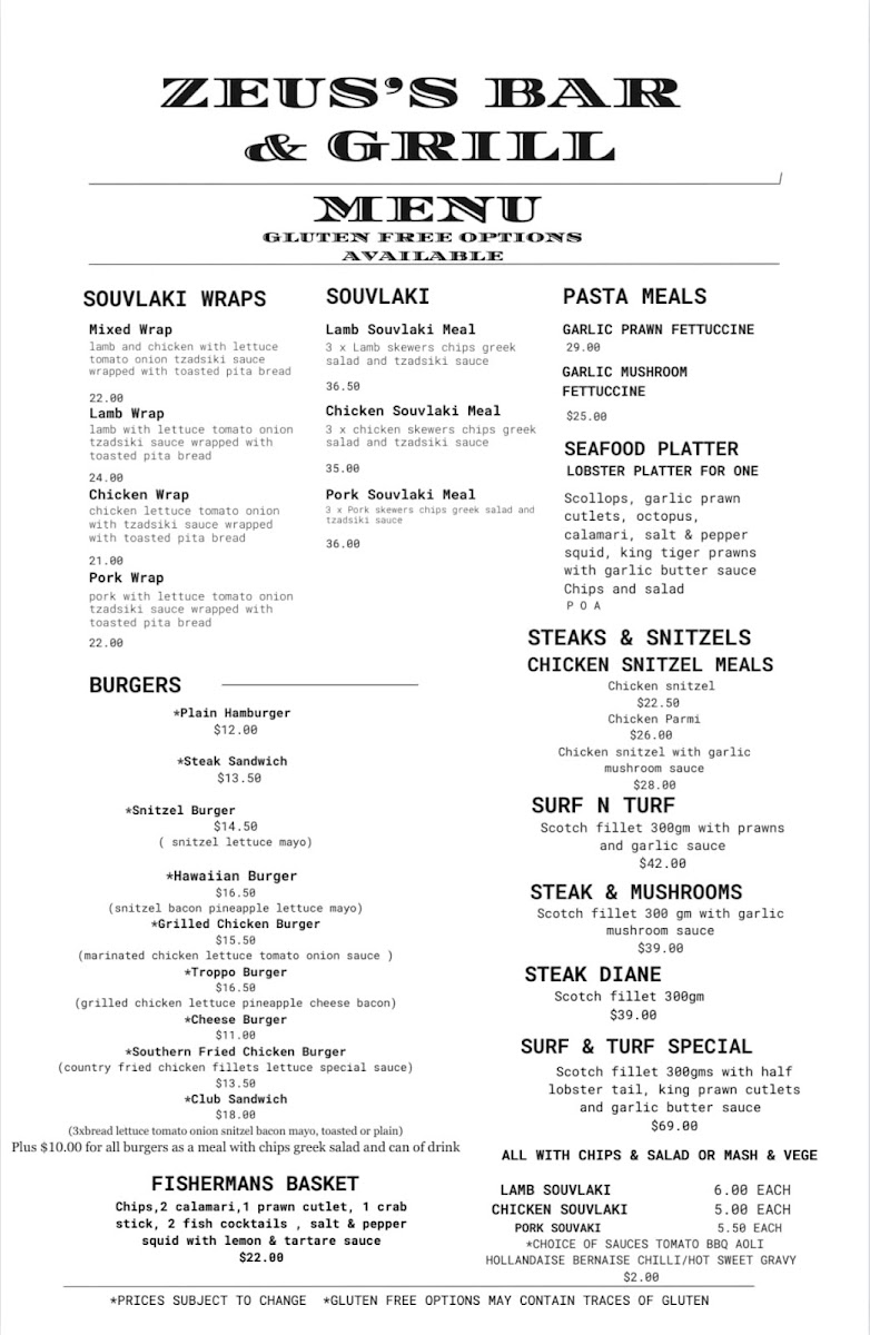 Zeus's Bar & Grill/Cafe Photo Menu 1