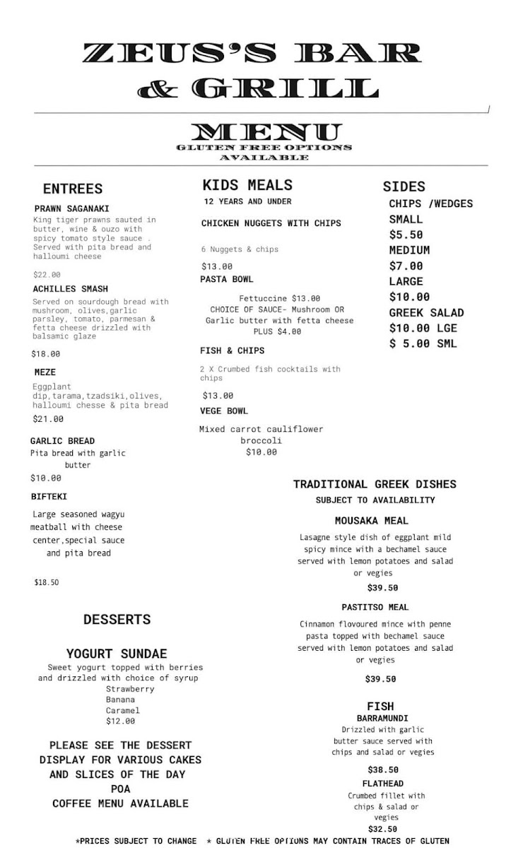 Zeus's Bar & Grill/Cafe Photo Menu 2