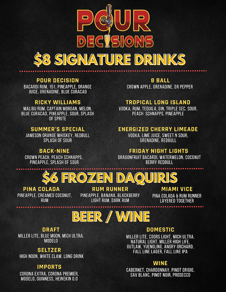 Pour Decisions Sports Bar Photo Menu 1